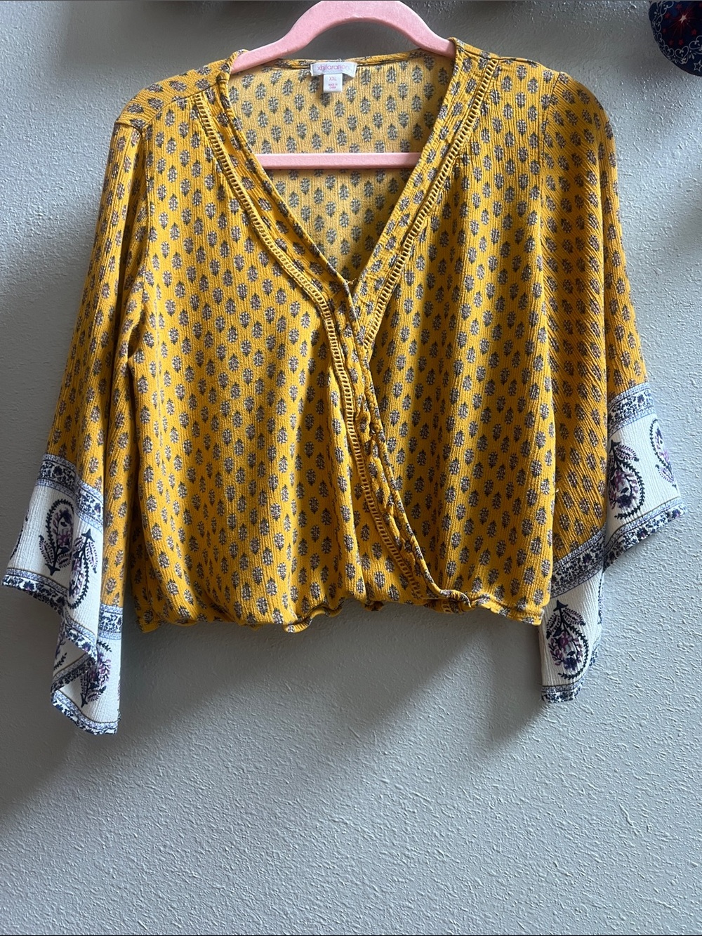 Xhilaration Mustard Yellow Printed V-Neck Blouse
